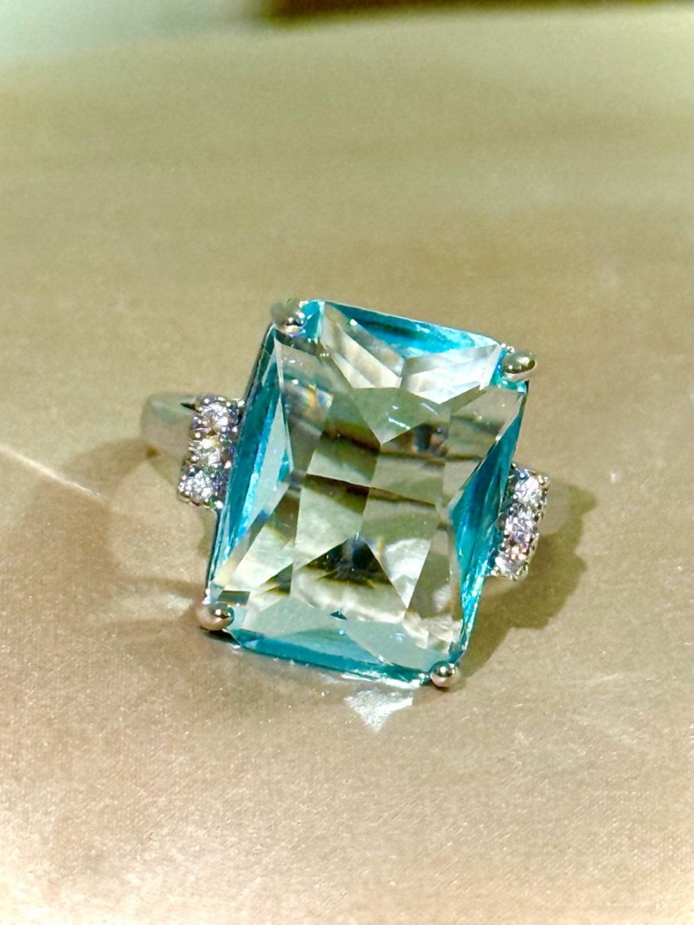 New Aquamarine Emerald Cut with CZ accents cocktail ring in 7